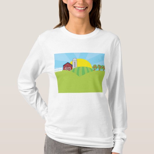 Farm Landscape Red Barn Silo Apple Trees T-Shirt (Vorderseite)