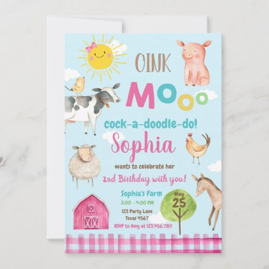 Farm Old MacDonald Barnyard Pink Animals Party Einladung (Vorderseite)