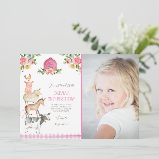 Farm Old MacDonald Barnyard Pink Animals Party Einladung (Stehend Vorderseite)