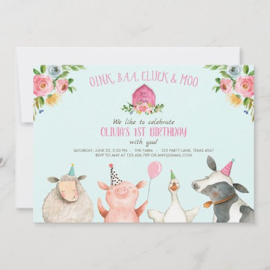 Farm Old MacDonald Barnyard Pink Animals Party Einladung (Vorderseite)