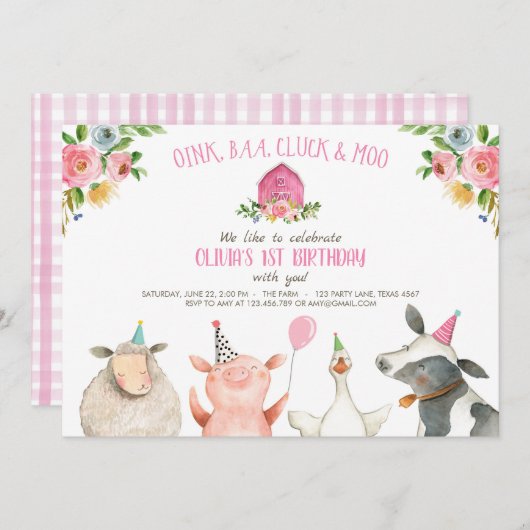 Farm Old MacDonald Barnyard Pink Animals Party Einladung (Vorne/Hinten)