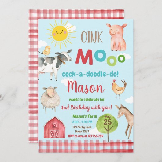 Farm Old MacDonald Barnyard Red Animals Party Einladung (Vorne/Hinten)