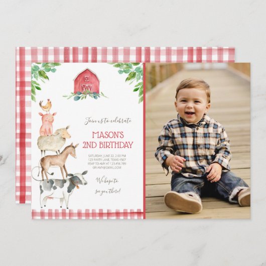 Farm Old MacDonald Barnyard Red Boy Animals Party Einladung (Vorne/Hinten)
