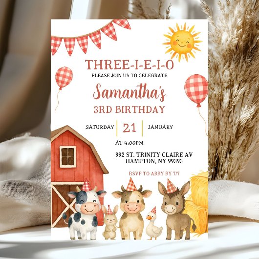 Farm Party Three-i-e-i-o Birthday Invitation Einladung