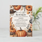 Farm Pink Blue Fall Girl Pumpkin Gender Reveal Einladung (Stehend Vorderseite)