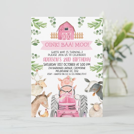 Farm Pink Tractor Oink Baa Moo 2nd Birthday Einladung (Stehend Vorderseite)