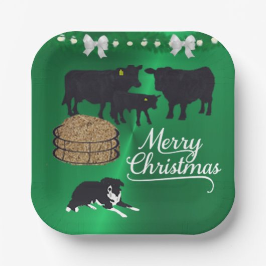Farm Ranch Black Angus Rind und Hund Weihnachten Pappteller (Vorderseite)
