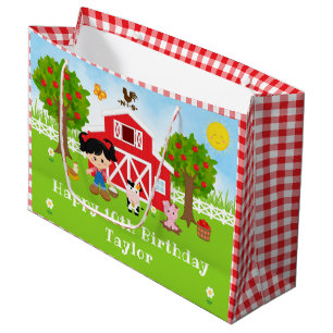 Farm Red Barn Black Hair Girl Happy Birthday Große Geschenktüte