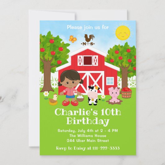 Farm Red Barnyard Birthday Afrikanisches Mädchen Einladung (Vorderseite)