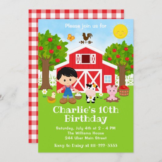 Farm Red Barnyard Birthday Black Hair Boy Einladung (Vorne/Hinten)