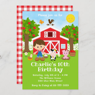 Farm Red Barnyard Birthday Brown Hair Boy Einladung