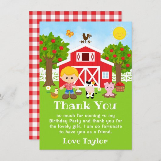 Farm Red Birthday Blonde Hair Boy Dankeskarte (Vorne/Hinten)
