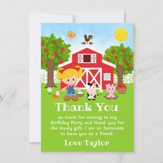 Farm Red Birthday Blonde Hair Girl Dankeskarte (Vorderseite)