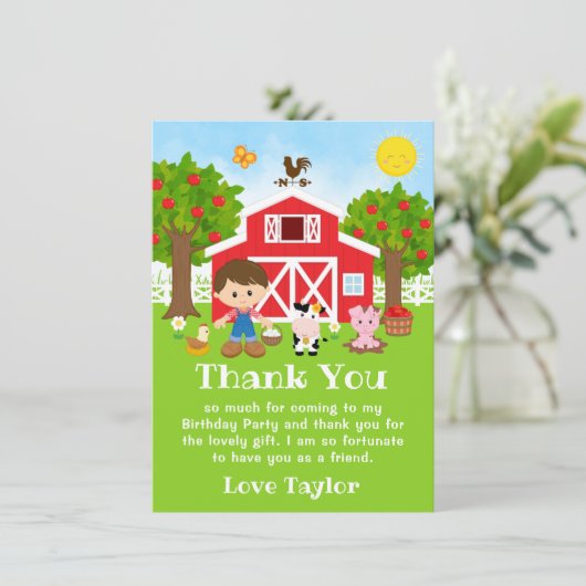Farm Red Birthday Brown Hair Boy Dankeskarte (Stehend Vorderseite)
