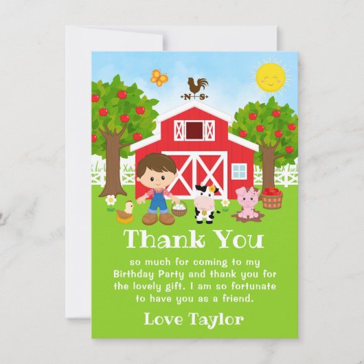 Farm Red Birthday Brown Hair Boy Dankeskarte (Vorderseite)