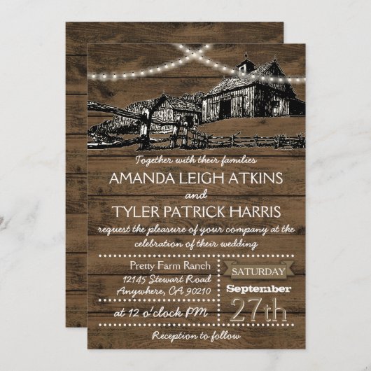 Farm Rustic String Lights Barn Wedding Einladungen (Vorne/Hinten)