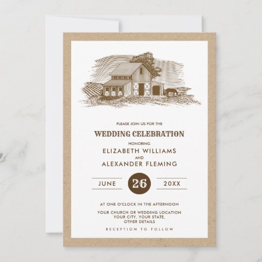 Farm Scetch Kraft Papier Rustikale Hochzeitseinlad Einladung (Vorderseite)