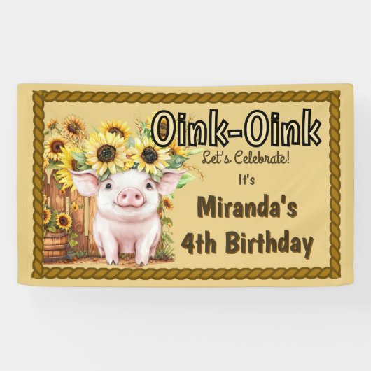 Farm Schwein Sonnenblumen Barnyard 4. Geburtstag Banner (Horizontal)
