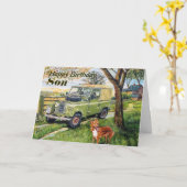 "FARM" Son Birthday Card mit Landrover Scene Karte (Gelbe Blume)