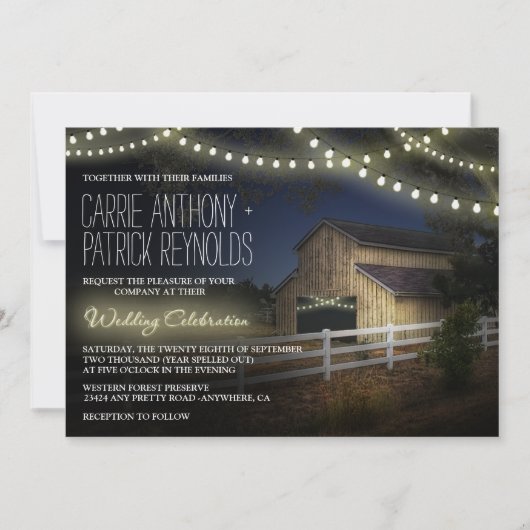 Farm String Lights Rustic Barn Wedding Einladungen (Vorderseite)