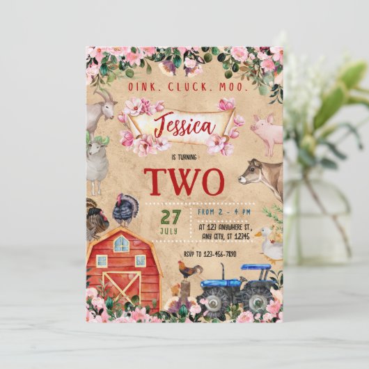 Farm Theme girl Birthday Party Einladung (Stehend Vorderseite)