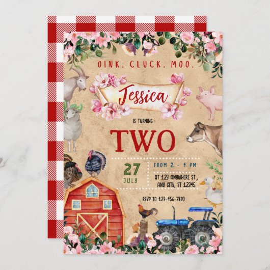 Farm Theme girl Birthday Party Einladung (Vorne/Hinten)