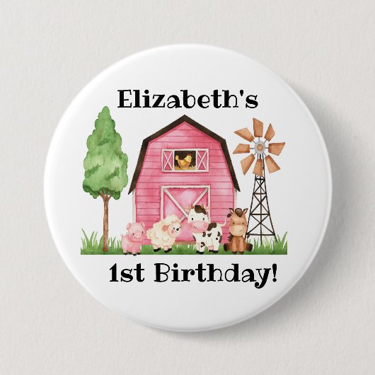 Farm Themed First Birthday - Name Button Button (Vorderseite)