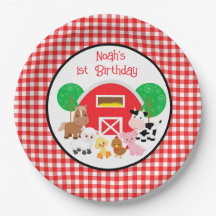 Farm Themed Red Gingham Birthday Paper Plates