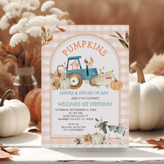 Farm Tier Orange Gingham Fall Pumpkins Geburtstag Einladung
