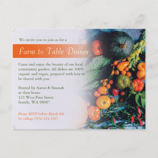 Farm to Table Vegan Dinner Einladung Postkarte (Vorderseite)
