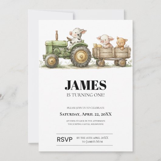 Farm Tractor Birthday Invitation | Barnyard Animal Karte (Vorderseite)