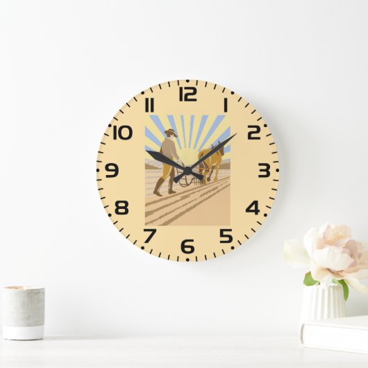 Farmer and Horse Plowing Field Retro Sunrise Große Wanduhr (Zuhause)