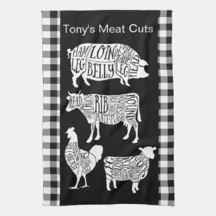 Farmer Butcher Meat Cuts Tea Towel   Vintage Rindf Geschirrtuch