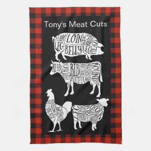 Farmer Butcher Meat Cuts Tea Towel   Vintage Rindf Geschirrtuch