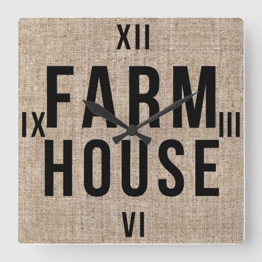 FARMHOUSE Black Letting Rustic Burlap Sacking Quadratische Wanduhr (Vorderseite)