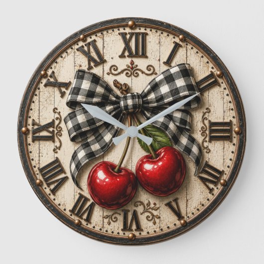 Farmhouse Cherry Rustic Buffalo Plaid Kitchen Große Wanduhr (Vorderseite)