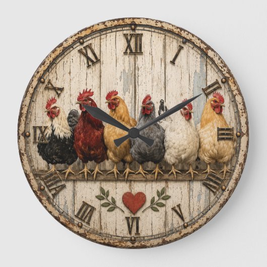 Farmhouse Chicken Rustic  Große Wanduhr (Vorderseite)