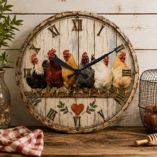 Farmhouse Chicken Rustic Große Wanduhr