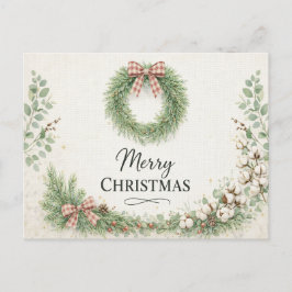 Farmhouse Cotton Wreath Merry Christmas  Feiertagspostkarte