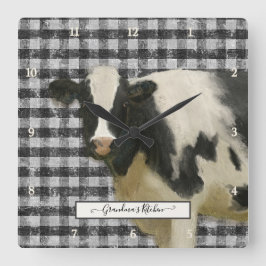 Farmhouse Cow Black n White Gingham Rustic Kitchen Quadratische Wanduhr