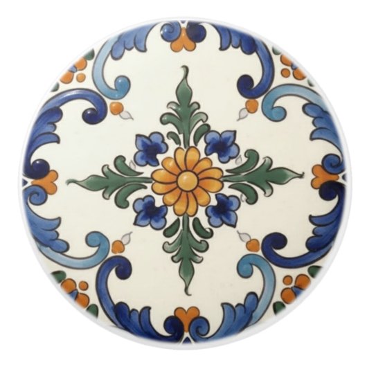 Farmhouse Folk Flower Mediterranean Blue Orange Keramikknauf (Vorderseite)