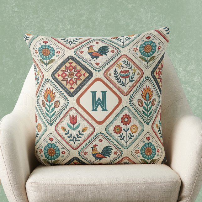Farmhouse Folk Sage Green and Orange Monogram  Kissen (Von Creator hochgeladen)