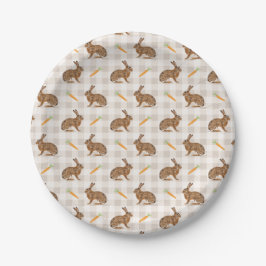 Farmhouse Hares And Carrots Rustic Beige Gingham Pappteller