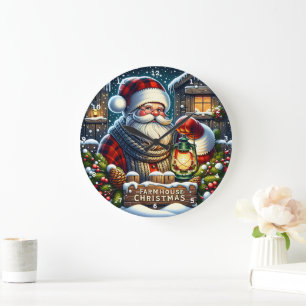 "Farmhouse Heiligabend" - Vintage-Weihnachtsmann-W Große Wanduhr