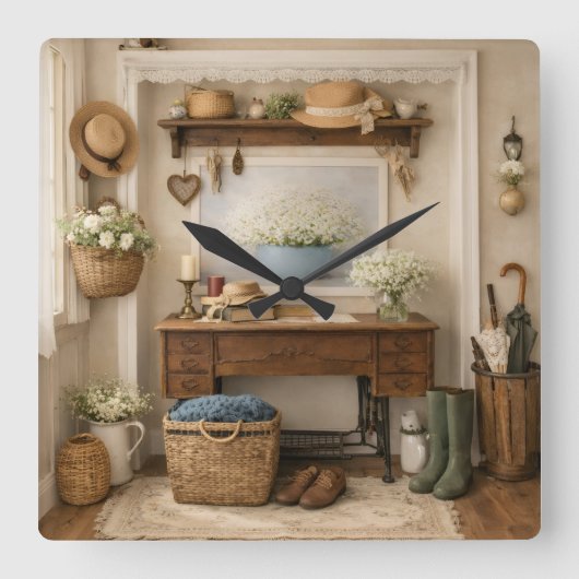 Farmhouse “Home Is Where Love Is”  Rustic Decor Quadratische Wanduhr (Vorderseite)