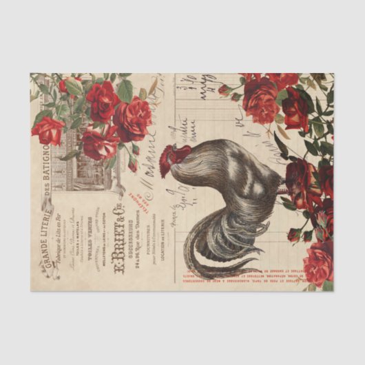 Farmhouse Rooster Roses Decoupage Ephemera Tissu T Seidenpapier (Vorderseite)