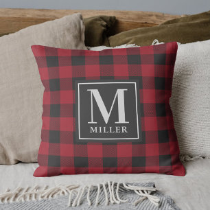 Farmhouse-Rot-Büffel-Karo-Familienname-Monogramm Kissen