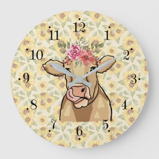 Farmhouse Sunflower Country Milk Cow Wall Clock Große Wanduhr (Vorderseite)