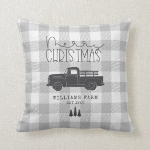 Farmhouse-Vintage-LKW Grau Büffel Karo Name Kissen