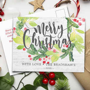 Farmhouse-Wasserfarben-Winter-Beeren-Kranz Feiertagspostkarte
